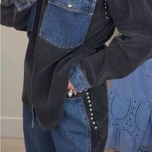 Black Color-block Denim Shirt Jacket and Denim Pants with Silver Studs